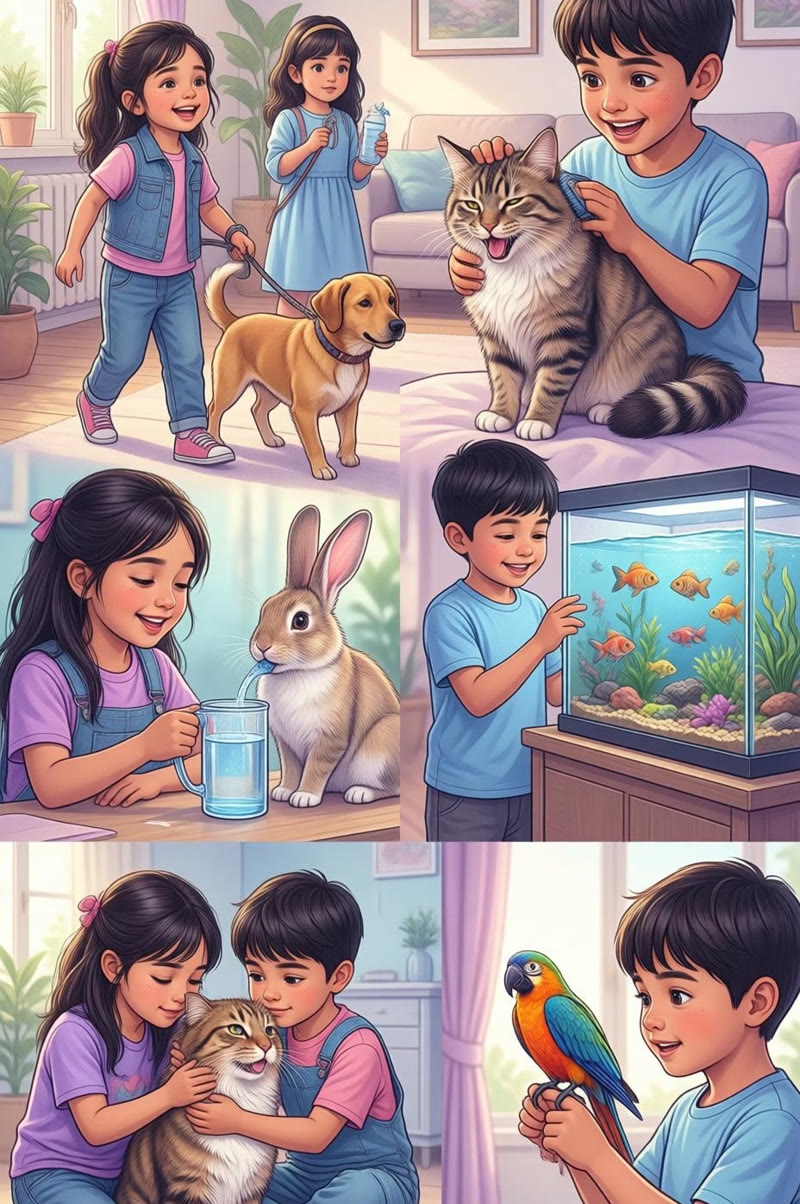 Children taking care of their pets: a dog, a cat, a rabbit, a fish and a bird